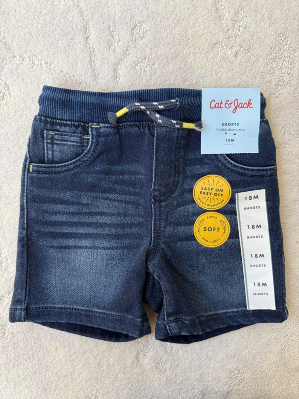 18month Cat & Jack Navy Denim  Shorts with Drawstring & functional pockets, NWT